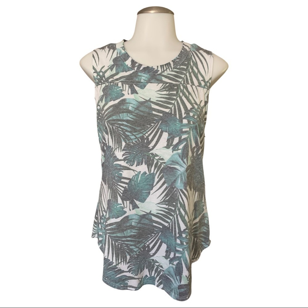 CHASER Faded Wash Palm Print Crew Neck Cotton Blend Tank (M)